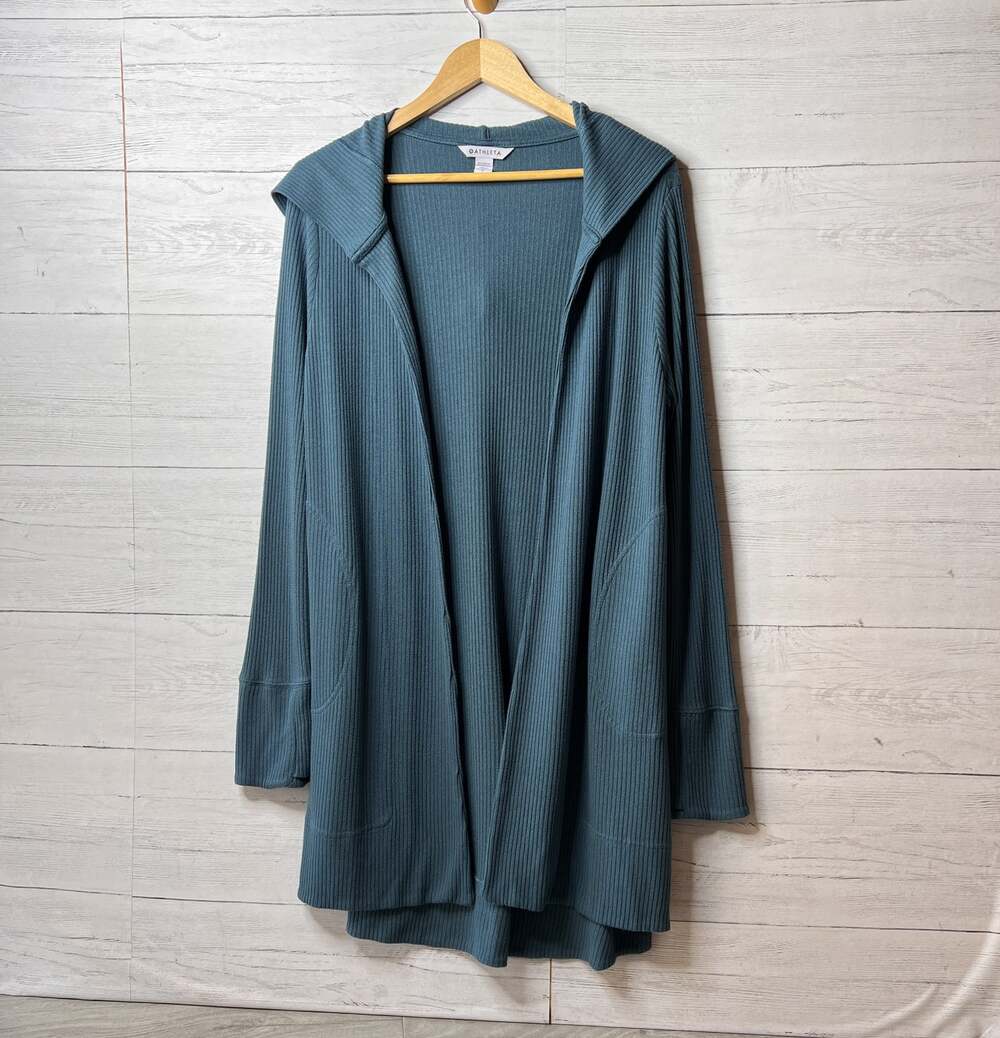 Athleta Cardigan Womens Size SP Dark Teal Harmony Longline Hooded Stretch
